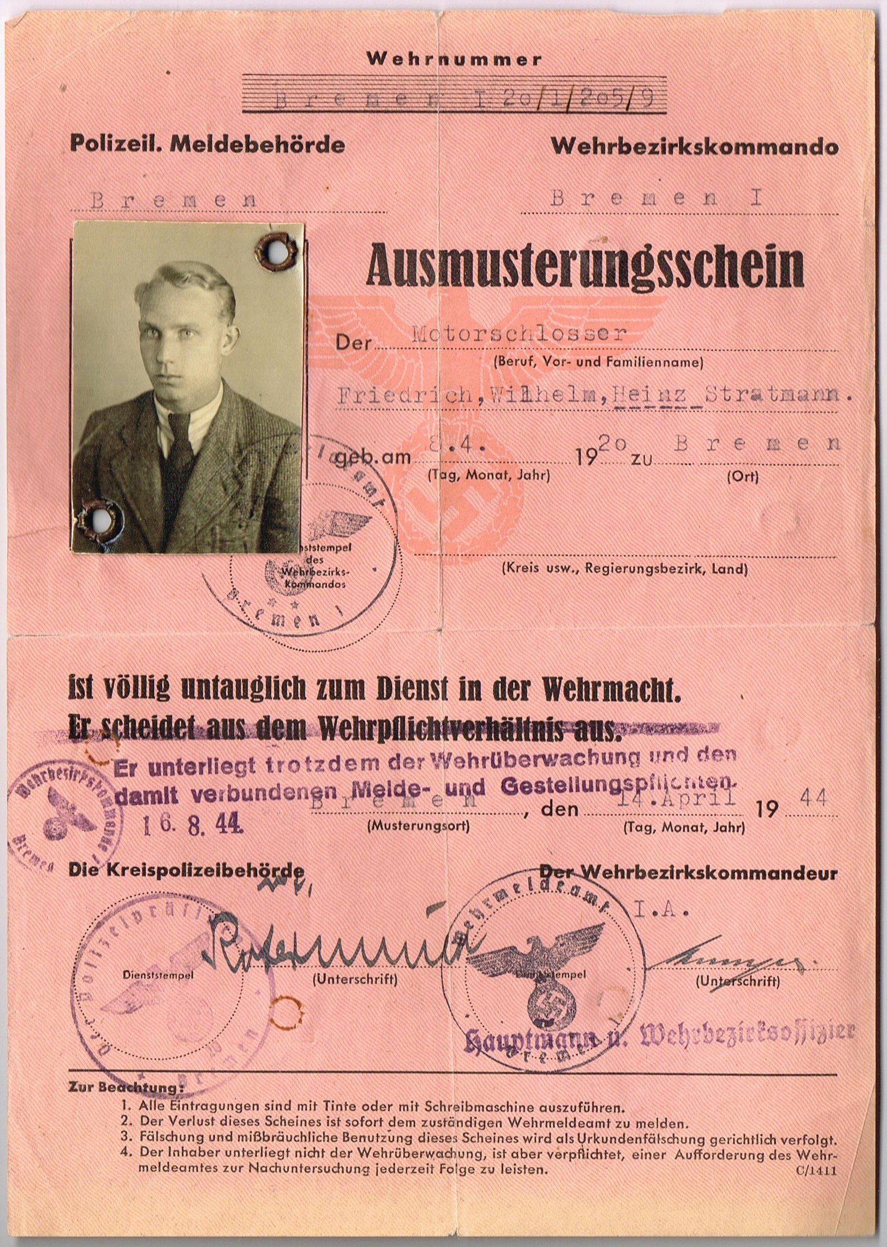 Photo Ausmusterungsschein - Bremen I 20/1/205/9 - Heinz Stratmann